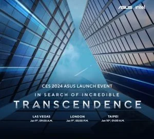 A banner for the CES 2024 ASUS launch event: "In search of incredible: transcendence."