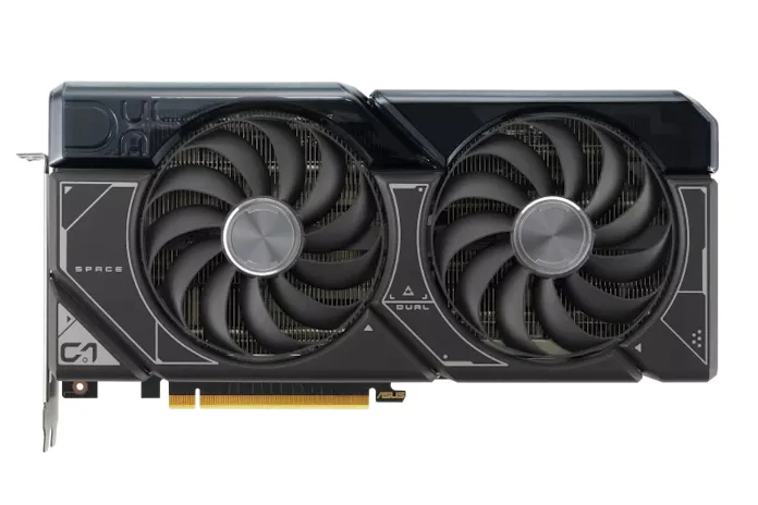 A front view of the ASUS Dual GeForce RTX 4070 SUPER graphics card
