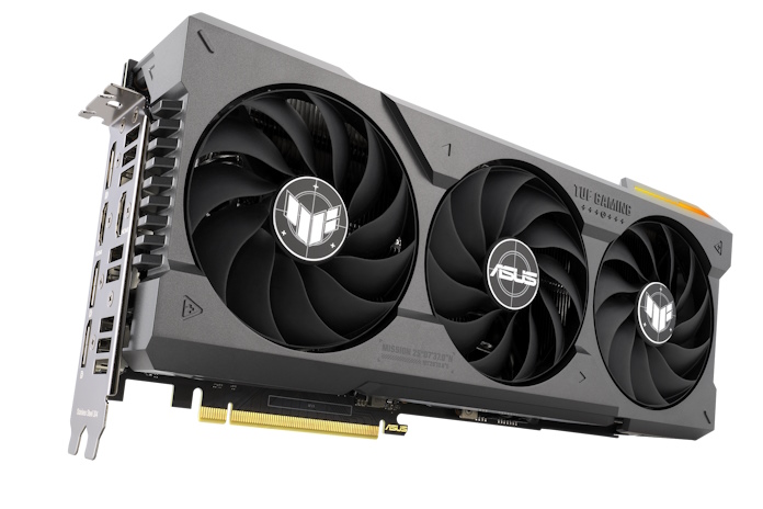 The TUF Gaming GeForce RTX 4070 Ti SUPER graphics card from a front view