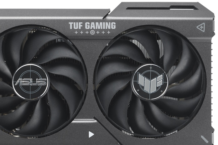 A closeup view of the cooling solution on the TUF Gaming Radeon RX 7600 XT