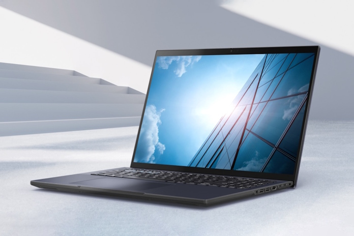 The ASUS ExpertBook B3 laptop in front of a stylized background