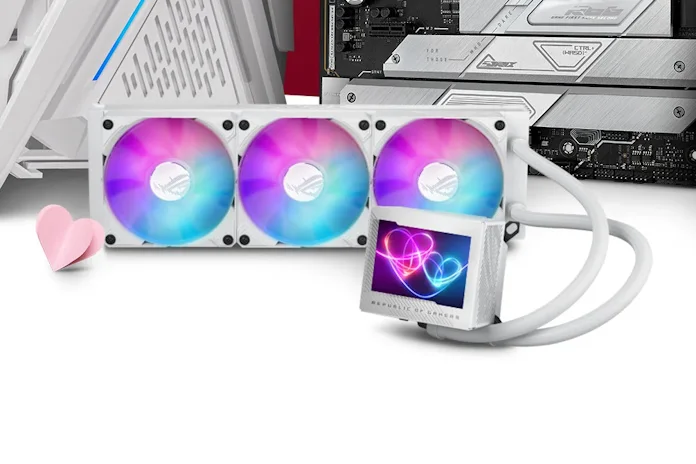 The ROG Ryujin III 360 ARGB AIO liquid CPU cooler on a white table in front of other white ROG PC components