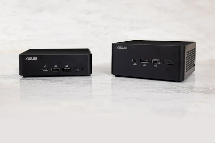 Two ASUS Nuc 14 Pro systems on a marble table