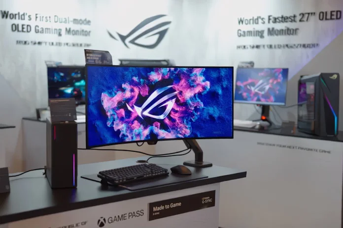 The ROG Swift OLED PG39WCD gaming monitor at the ROG showroom at CES 2024