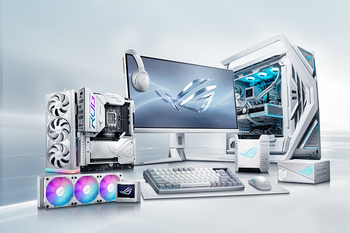 A collection of white-themed ROG hardware against a white background