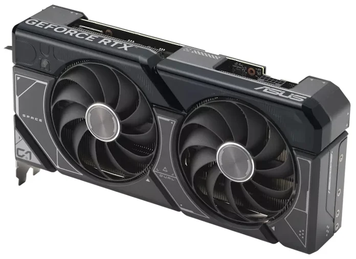A front view of the ASUS Dual GeForce RTX 4070 SUPER graphics card