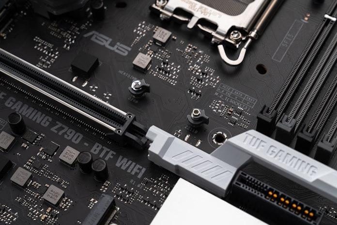 The back side of the TUF Gaming Z790-BTF WiFi motherboard