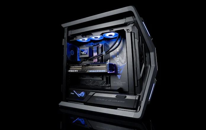 A side view of a completed BTF build featuring the ROG Hyperion GR701 BTF Edition chassis