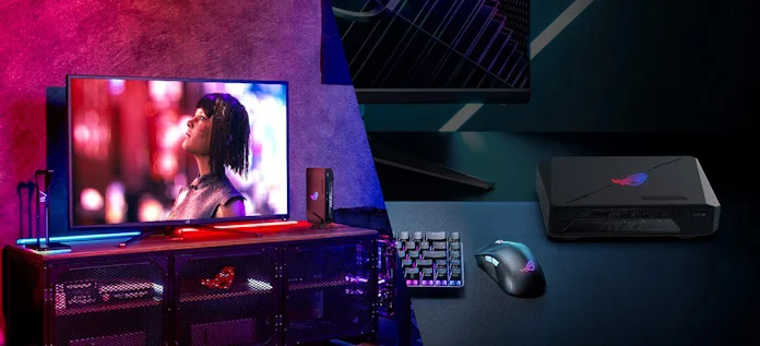 A split image with a family room gaming setup on the left and a desktop gaming PC setup on the right, both featuring the ROG NUC