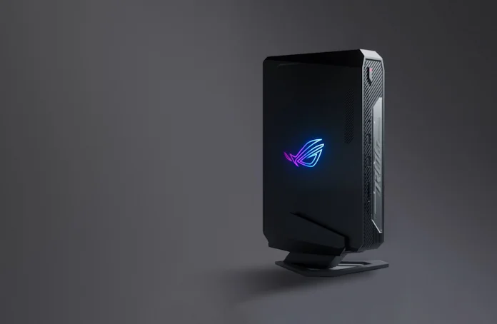 The ROG NUC PC standing upright