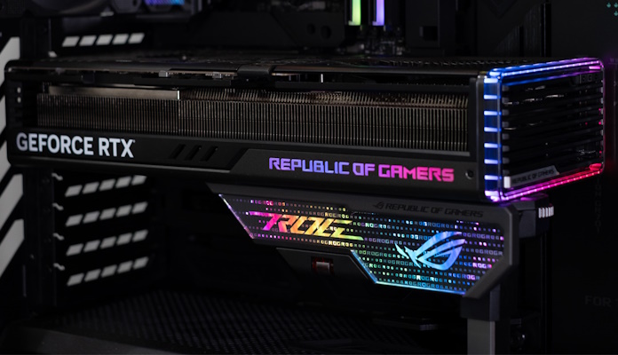 The ROG Strix GeForce RTX 4090 BTF Edition graphics card installed in a BTF build