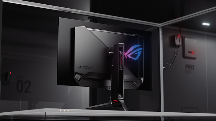 ROG Swift OLED PG32UCDM gaming monitor viewed from behind