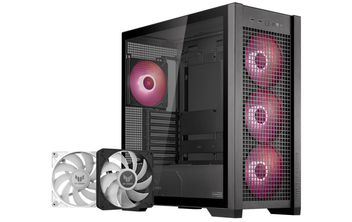 The TUF Gaming GT302 ARGB case next to two TUF 140mm case fans