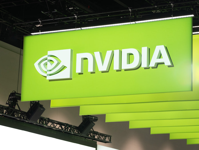 Banners hanging from the ceiling of GTC 2024 with the NVIDIA logo