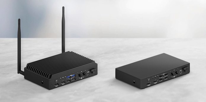 Two variants of the NUC 13 Rugged sitting on a marble surface