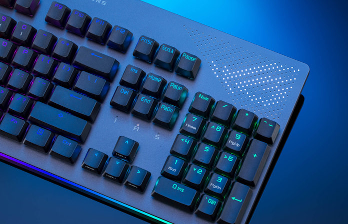 A closeup view of the ROG Strix Flare II Animate keyboard, one suggestion for a Mother's Day gift for a gamer