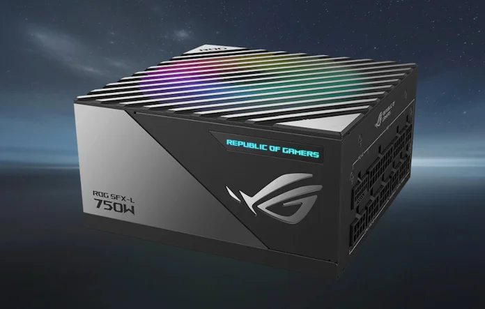 The ROG Loki 750W SFX-L power supply against a deep space background
