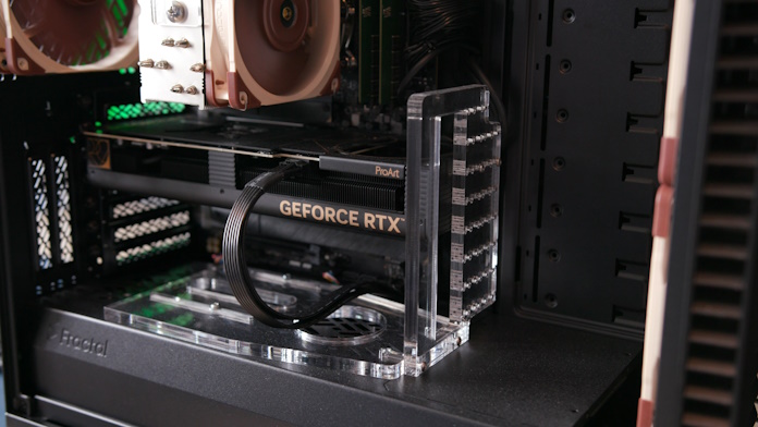 A closeup view of the ProArt GeForce RTX 4080 SUPER graphics card in the workstation