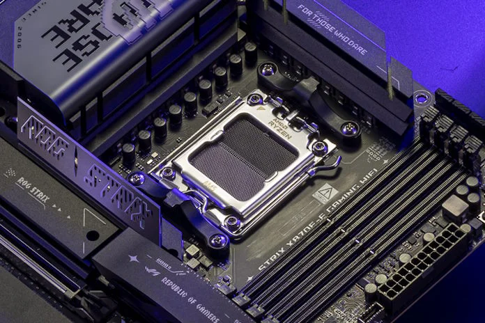 A closeup view of the AM5 socket on the ROG Strix X870E-E Gaming WiFi motherboard