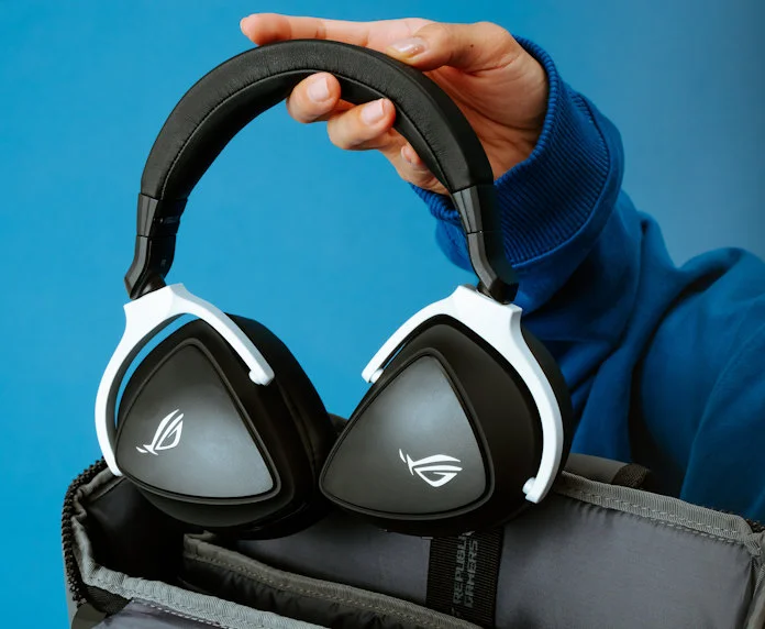 The ROG Delta S Wireless gaming headset being pulled out of a bag