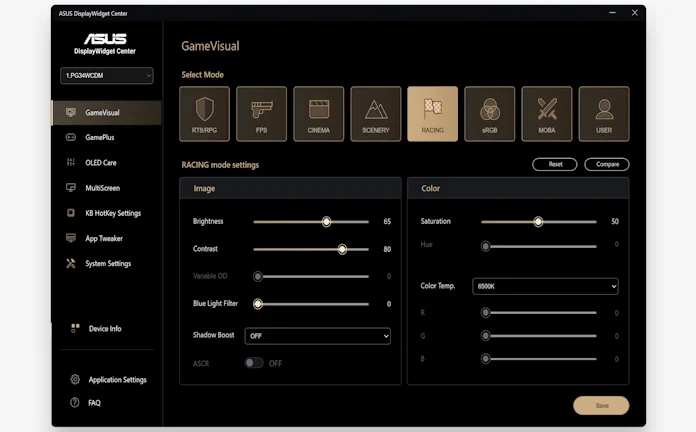 A screenshot of the GameVisual settings available through DisplayWidget Center