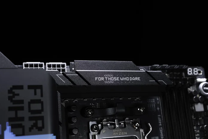 A closeup view of the VRM heatsink on the ROG Strix X870E-E Gaming WiFi motherboard