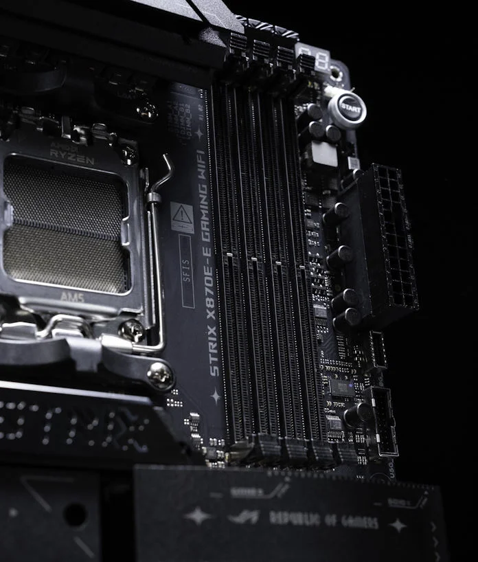 A closeup view of the NitroPath DRAM Technology slots on the ROG Strix X870E-E Gaming WiFi motherboard