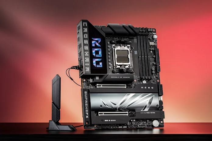 The ROG Crosshair X870E Hero motherboard with its included ASUS WiFi Q-Antenna attached