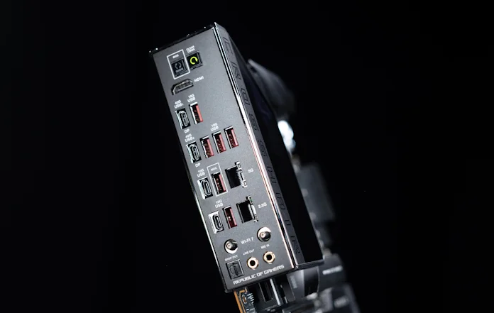 A closeup view of the rear I/O panel on the ROG Crosshair X870E Hero motherboard