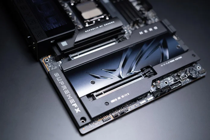 A view of the two PCIe 5.0 x16 slots on the ROG Crosshair X870E Hero motherboard