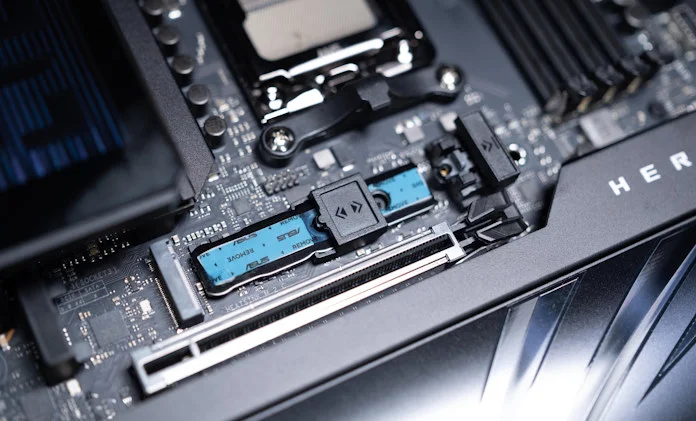 The M.2 Q-Slide mechanism on the ROG Crosshair X870E Hero motherboard