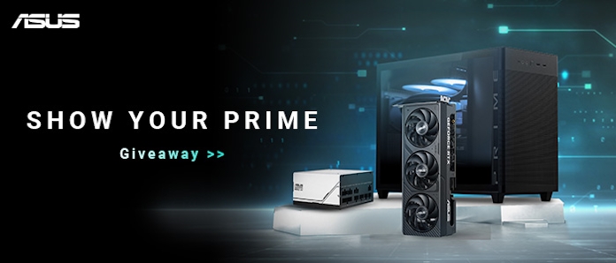 A banner for the ASUS "Show Your Prime" giveaway campaign featuring ASUS Prime components