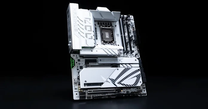 A front view of a gaming motherboard