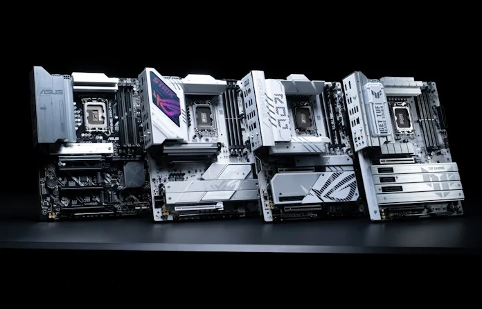 Four white-themed ASUS motherboards in a row