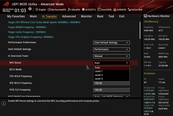 A screenshot from BIOS showing where to activate NPU Boost and the different levels available 