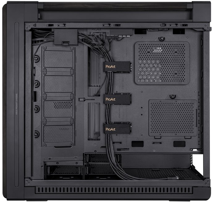 The cable management section of the chassis, completed with wide spaces for running cables, installation points for SSDs, and velcro strips for holding down cables 