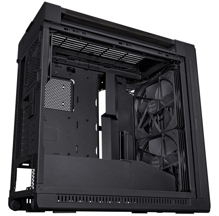 An interior shot of the chassis that shows the large, thick case fans, angled deflectors for airflow, and embedded graphics card holder 