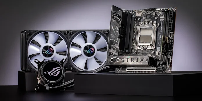 The ROG Striz Z890-I Gaming WiFi motherboard next to an AIO liquid cooler from ROG Strix 