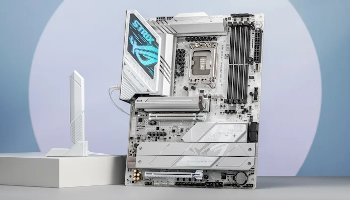 An illustration for this Z890 motherboard guide showing an ROG motherboard connected to the ASUS WiFi Q-Antenna