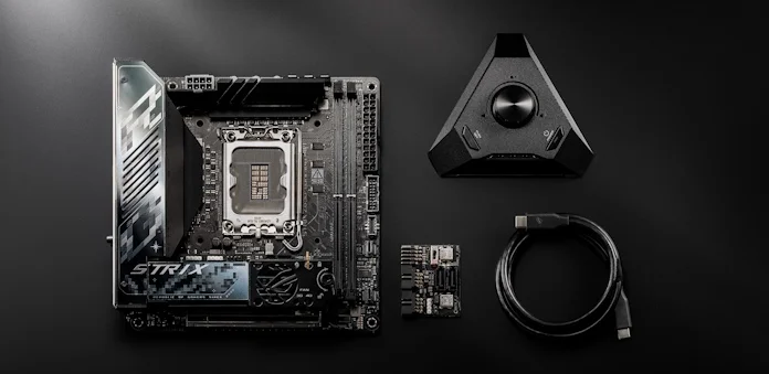 The ROG Strix Z890-I Gaming WiFi motherboard next to its included accessories