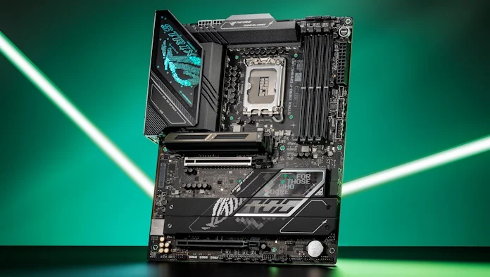 The ROG Strix Z890-F Gaming WiFi motherboard against a green background