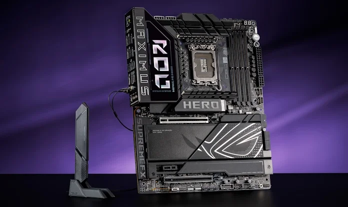 The ROG Maximus Z890 Hero connected with its ASUS WiFi Q-Antenna, part of this Z890 motherboard guide