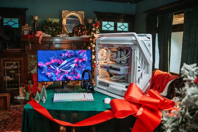 A completed gaming PC build in a festive room