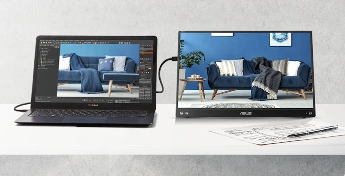 An ASUS laptop and portable monitor together on a marble counter