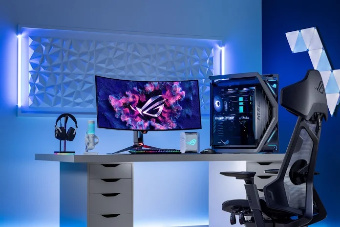 A gaming setup featuring the ROG Swift OLED PG39WCDM