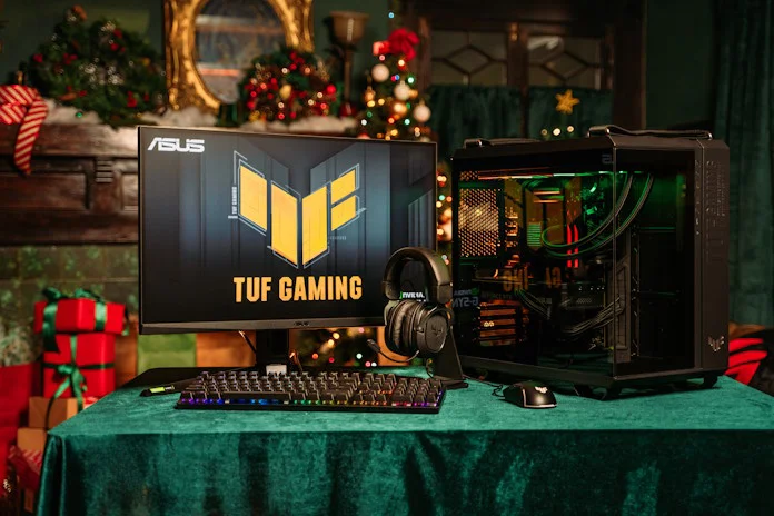 A completed TUF Gaming build in a festive room