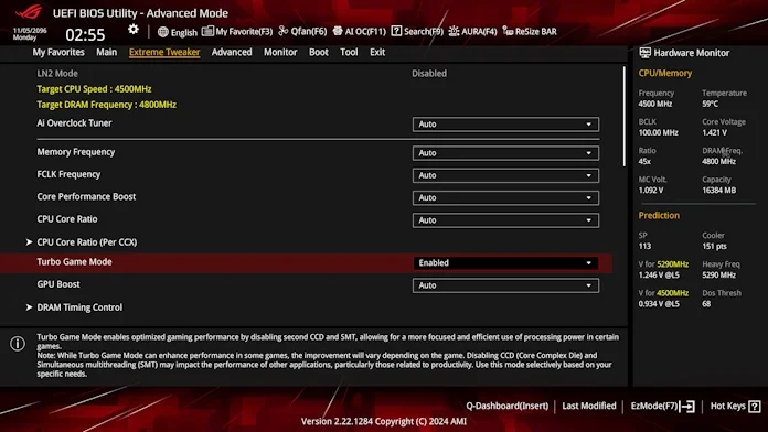 A screenshot showing where to enable Turbo Game Mode in the BIOS