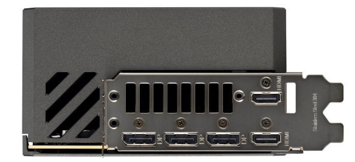 The I/O options for the graphics card, including three DisplayPort 2.1b ports and two HDMI 2.1 ports 