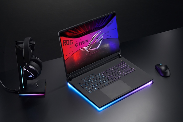 ROG Strix Scar laptop with ROG gaming peripherals