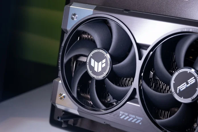 A closeup view of one of the Axial-tech fans on the TUF Gaming GeForce RTX 5090